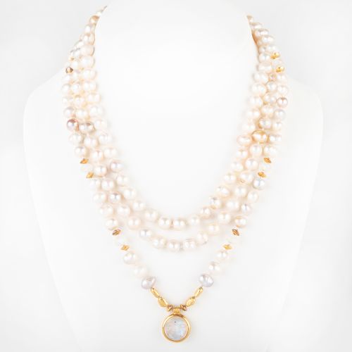 Cultured Freshwater Pearl Necklace with Gold and Moonstone Pendant