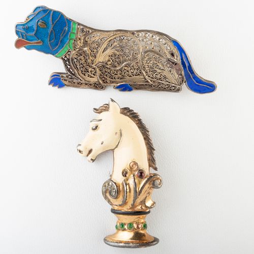 Trifari Silver and Enamel Knight Chess Piece Pin and a Silver Filigree and Enamel Dog Pin