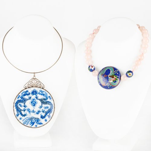 Rose Quartz Bead and Cloisonné Pendant Necklace and a Blue and White Ceramic Pendant Choker Necklace