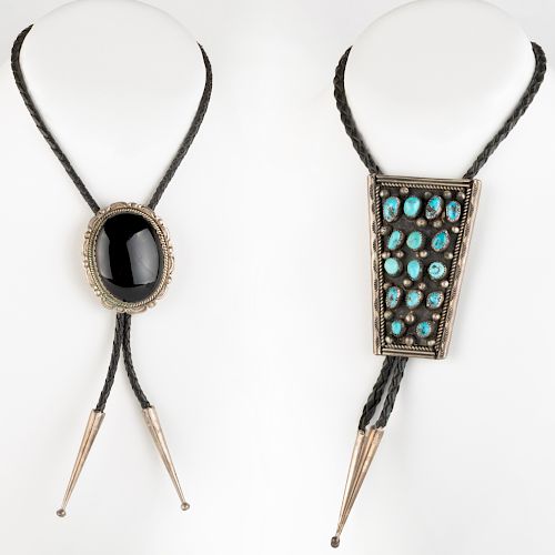 Silver and Onyx Bolo Tie and a Silver and Turquoise Bolo Tie