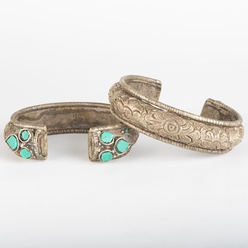 Two Indian Silver and Turquoise Cuff Bracelets