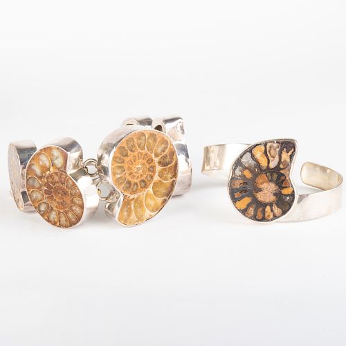 Charles Albert Silver and Ammonite Bracelet and a Silver and Ammonite Cuff Bracelet