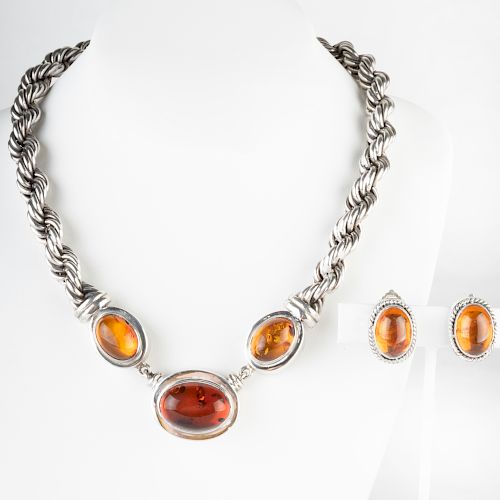 Lori Bonn Sterling Silver and Amber Necklace and a Pair of Matching Earclips