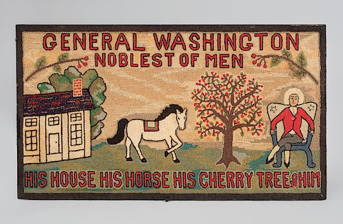 WOOL PICTORIAL HOOKED RUG: GENERAL WASHINGTON NOBLEST OF MEN, 
American, early 20th century
