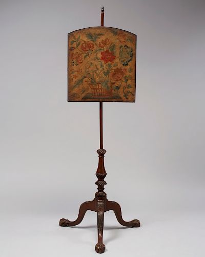 CHIPPENDALE MAHOGANY POLE-SCREEN WITH ORIGINAL NEEDLEWORK PANEL
English or American, circa 1760
