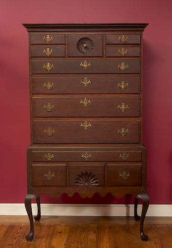 QUEEN ANNE CHERRYWOOD FLAT-TOP FAN AND SHELL-CARVED HIGHBOY , 
Connecticut, circa 1750-1780
