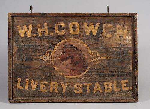 W.H. COWEN PAINTED WOODEN LIVERY STABLE SIGN,  American, late 19th century