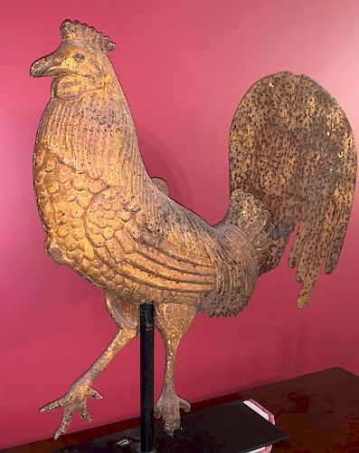 GOLD PAINTED CAST-IRON and SHEET-IRON ROOSTER WEATHERVANE