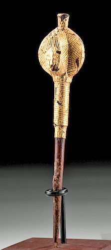 19th c. Ghana Akan 22K+ Gold Leaf Wood Figural Hairpin