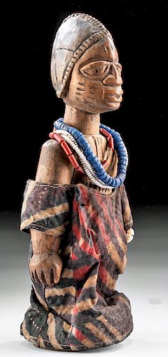 20th C. African Yoruba Wood Female Ibeji w/ Cloth Gown