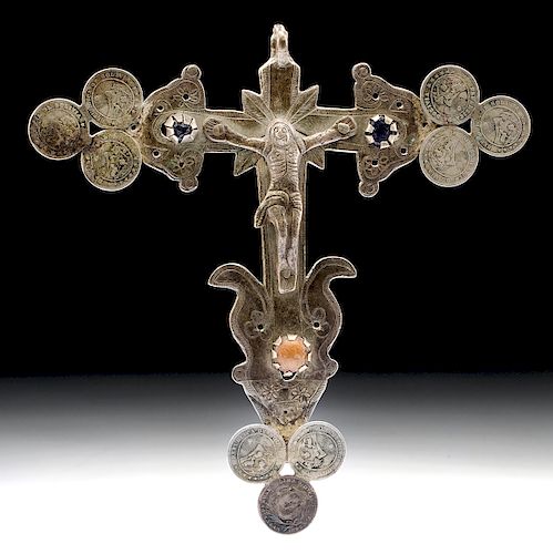 19th C. Bolivian Copper Silver Crucifix w/ Coins, Glass
