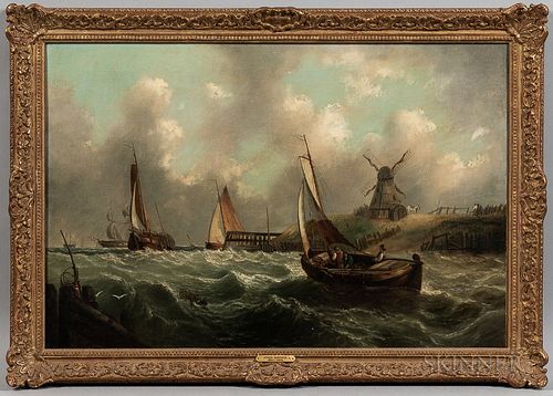 John Moore of Ipswich (British, 1820-1902)  Man of War and Fishing Boats of Southwold Harbour, Windmill and Figures