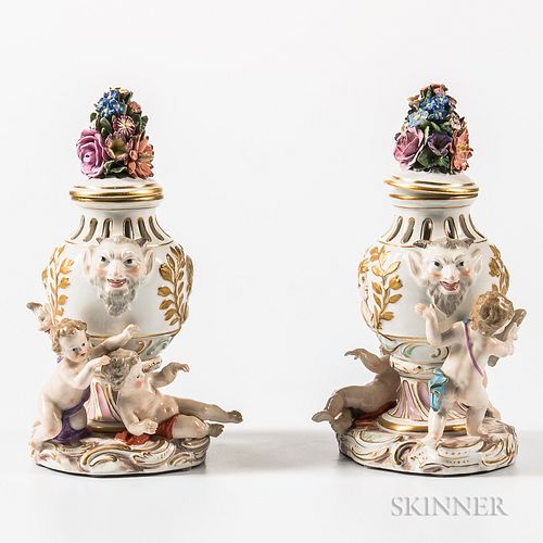 Pair of Meissen Porcelain Figural Potpourri Vases and Covers