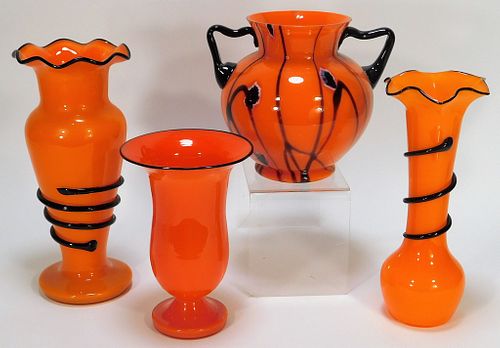 4 Assorted Orange Tango Bohemian Art Glass Vases