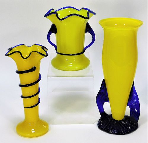 3 Ruckl Yellow Tango Bohemian Art Glass Vases
