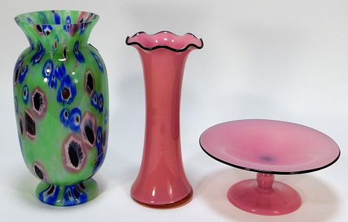 3 Pink Mint Bohemian Czech Art Glass Compote Vase