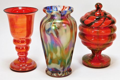 3 Assorted Bohemian Czech Art Glass Vase Jar Group