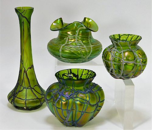 4 Pallme-Konig Iridescent Bohemian Art Glass Vases