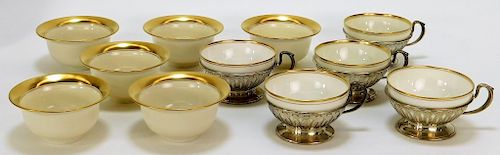 11 American Belleek Gilded Berry Bowls and Teacups