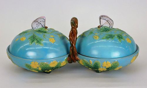 George Jones Majolica Butterfly Compartmented Dish