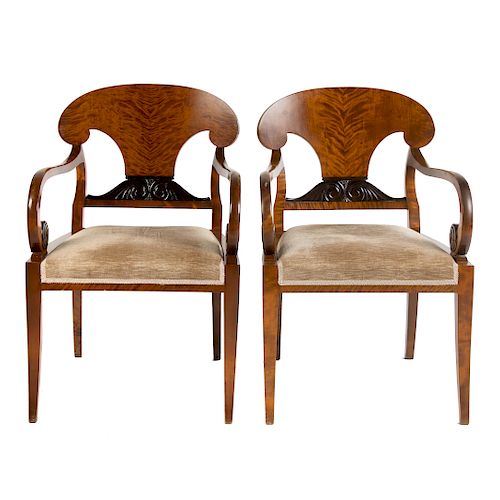 Pair of Biedermeier Style Tiger Maple Arm Chairs