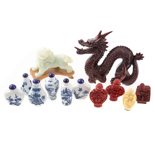 10 Chinese Snuff Bottles And Jade Foo Lion