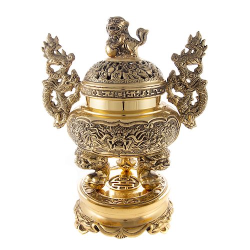 Chinese Brass Censer & Stand
