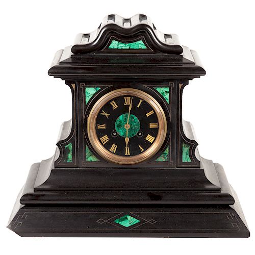 French Slate & Malachite Inlaid Mantel Clock