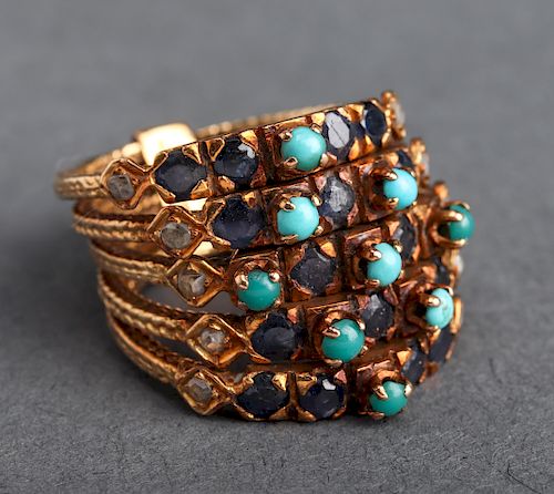 18K Yellow Gold Diamond, Turquoise & Sapphire Ring