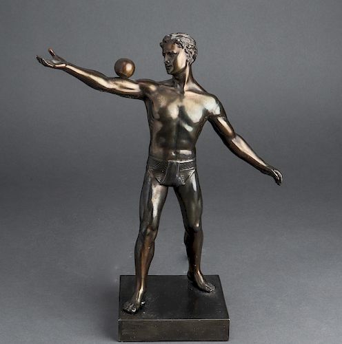 Cast Metal Man Balancing on Ball Figural Sculpture