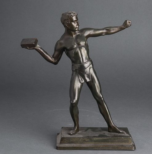 Cast Metal Man Throwing Brick Figural Sculpture