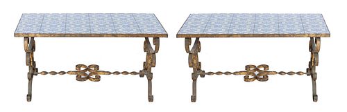 Tile Top & Wrought Iron Low Tables, Pr