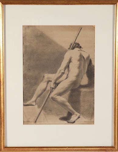 "Male Nude with Staff" Pencil Drawing on Paper