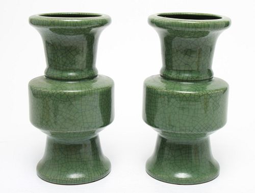 Chinese Crackle Glaze Greenware Vases, Pair