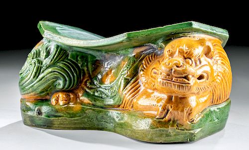 Chinese Ming Sancai Glazed Ceramic Headrest w/ Beast