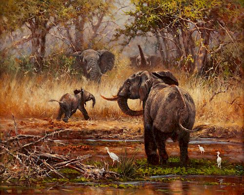 Eric Forlee African Elephants Painting Oil on Canvas