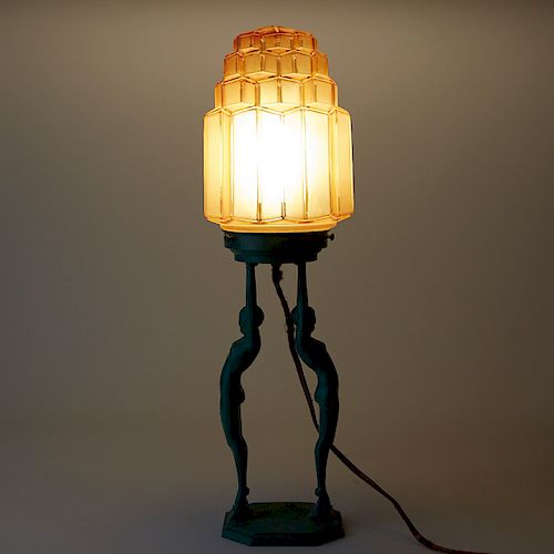 Art Deco Lamp with Blue Figures Frankart
