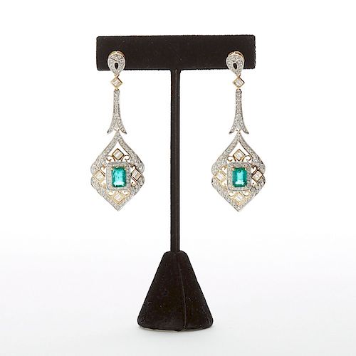 Emerald and Diamond Earrings w/ White and Yellow Gold