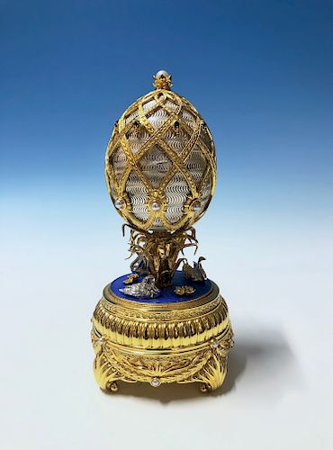 The House Of Faberge Swan Lake Imperial Jeweled Musical Gilt Silver Egg,