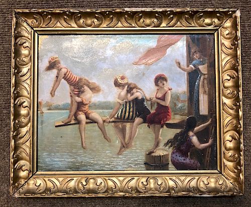 Continental School, Young Girls Swimming, Oil on Panel, Circa 1900