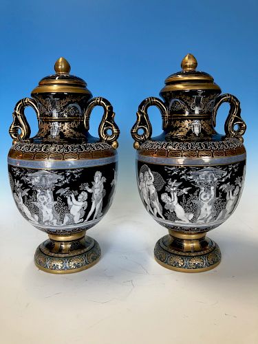 Pair of Mintons Pate-Sur-Pate Style Lidded Vases