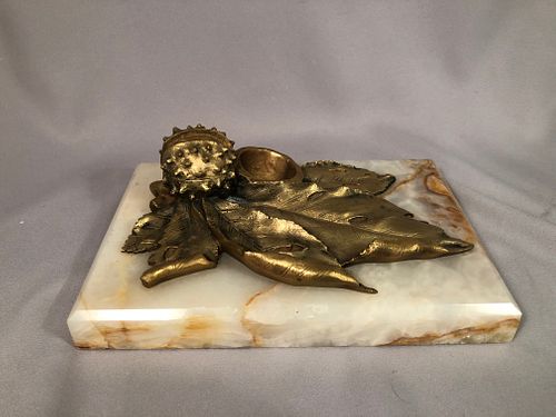 Arthur Gangand (French, b 1863) Gilt Bronze Inkwell Spiked Plant Marble Base