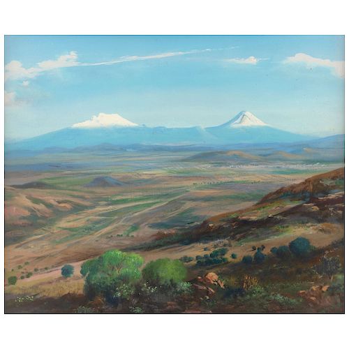 ISIDRO MARTÍNEZ COLÍN,  Paisaje con volcanes, Firmado, Óleo sobre tela, 60 x 50 cm