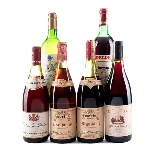 Lote de Vinos Tintos y Blancos de Francia. Margoux. 1978. Bordeaux. Blanc Sec.Cotes Du Rhone. Baujolais. 1977. Total de Piezas: 6
