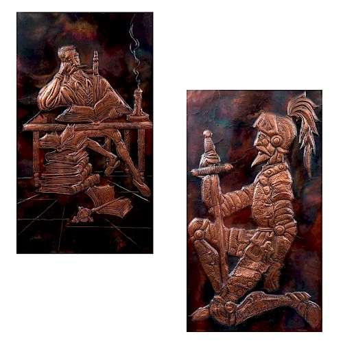 Serrano. México, D.F., siglo XX. Don Quijote con armadura y en escritorio. Firmados. Repujados en lámina de cobre. Enmarca...