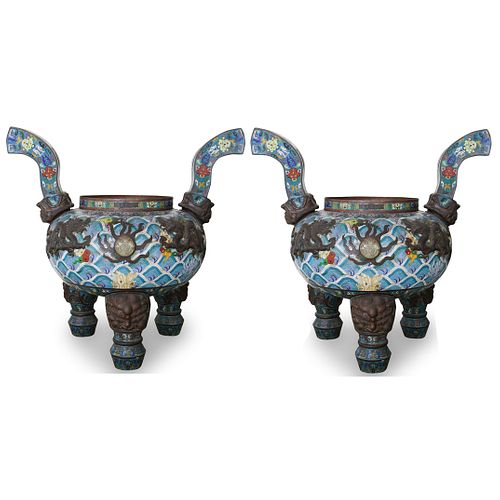 (2 Pc) Palace Sized Chinese Cloisonne Censors