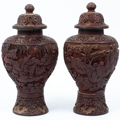 Pair of Chinese Carved Cinnabar Urns