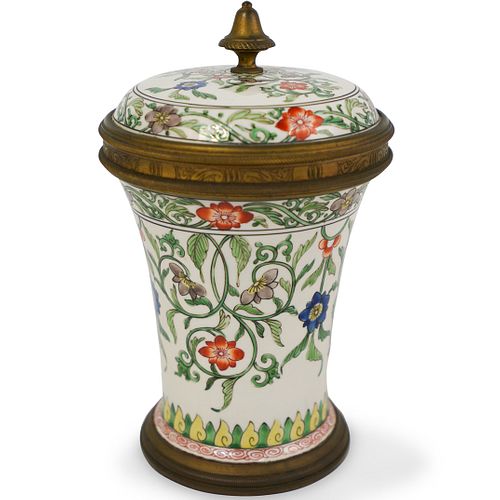 French Porcelain and Brass Covered Jar
