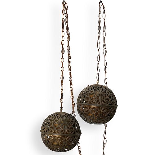 Pair of Oriental Bronze Hanging Lanterns
