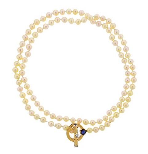 14k Gold Diamond Sapphire Pearl Long Toggle Necklace 
